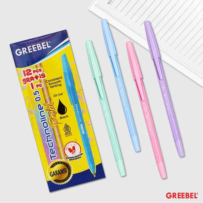 Pulpen Greebel Ballpen Technoline Pastel Ukuran 0.5mm Warna Hitam Body Warna
